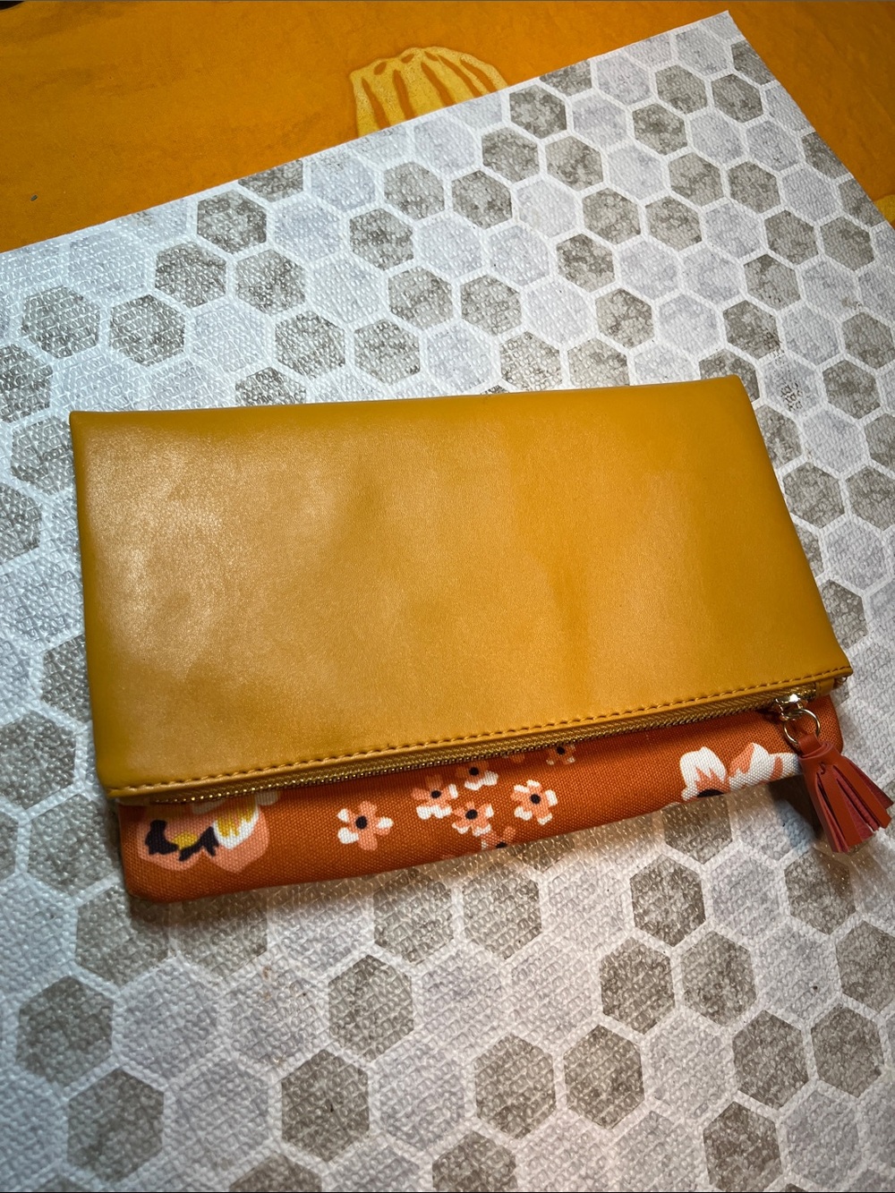 Rachel Pally Mustard Yellow Fold-Over Women's Clutch Bag with Floral Accent